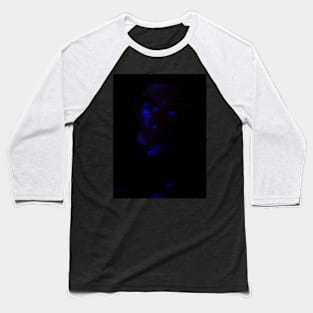 Portrait, digital collage and special processing. Man looking on us from darkness. Eyes. Blue and dark red. Baseball T-Shirt